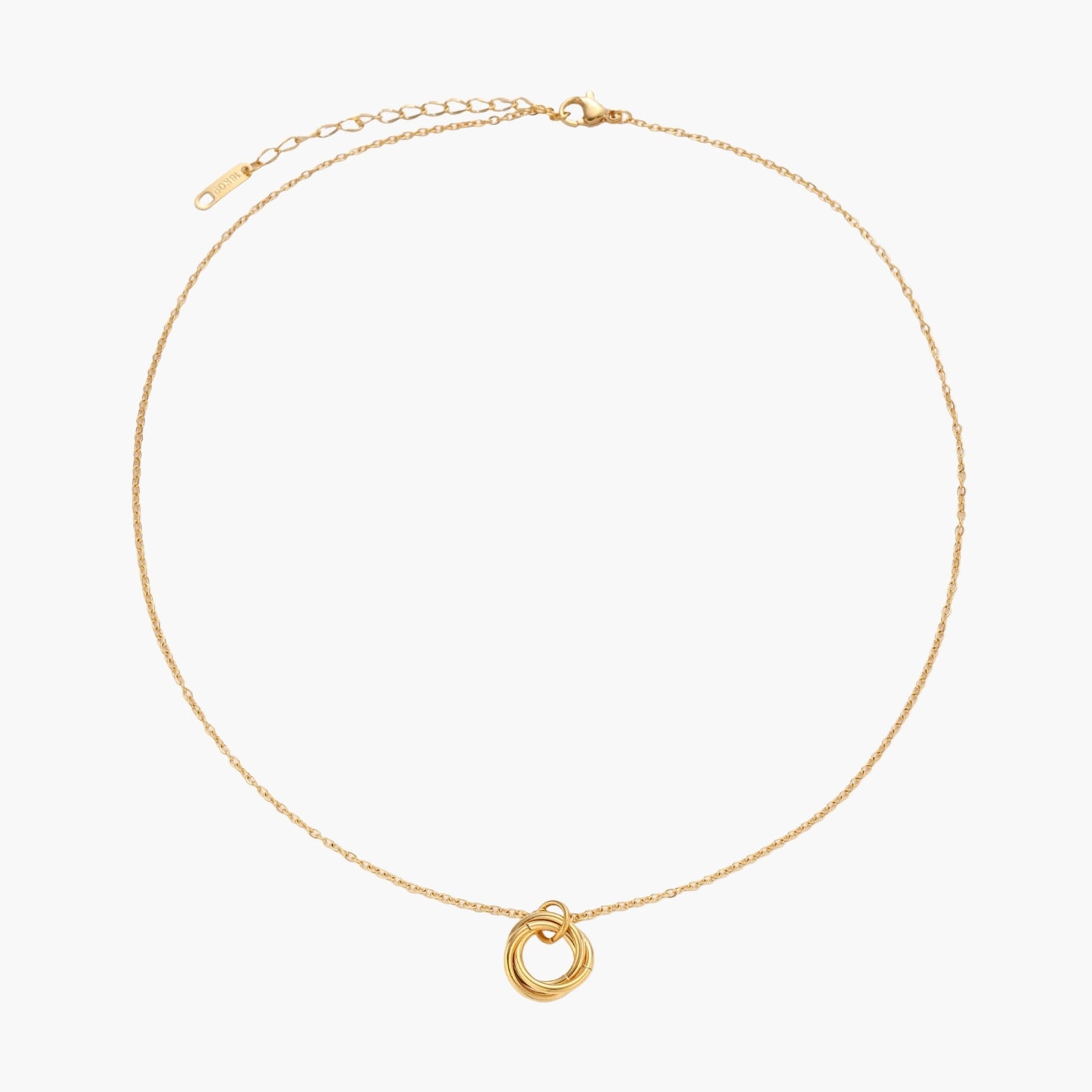 Delicate gold-plated necklace with three interlocking circle rings forming a minimalist knot pendant on cream background